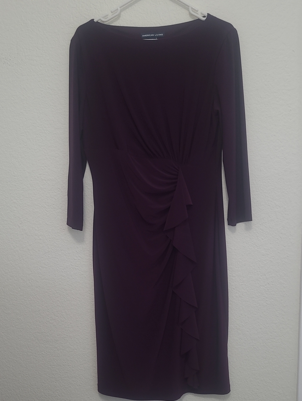 American Living Dark Plum Ruched Ruffle Long Sleeve Sheath Dress